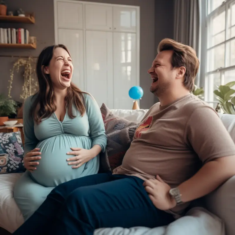 Een man en een zwangere vrouw zitten lachend op de bank.