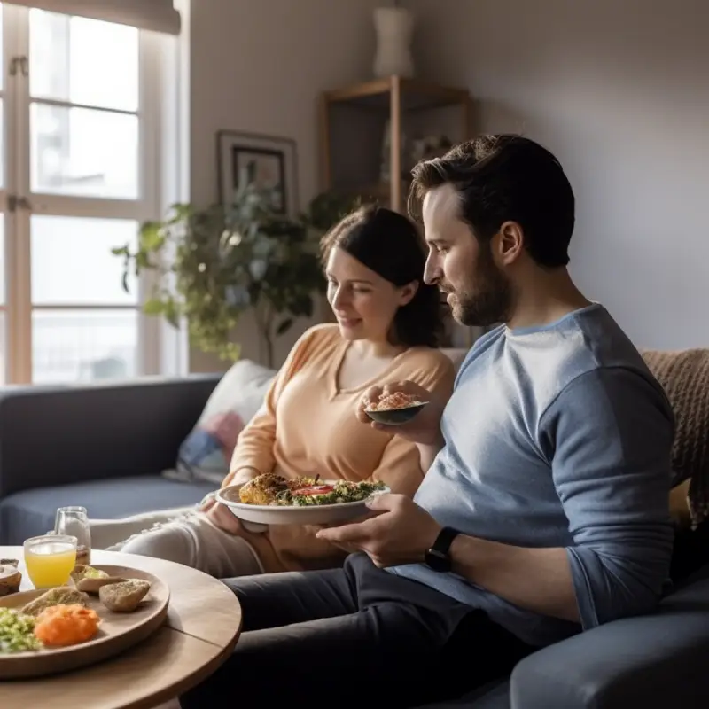 Man en zwangere vrouw zitten op de bank met een bord eten.
