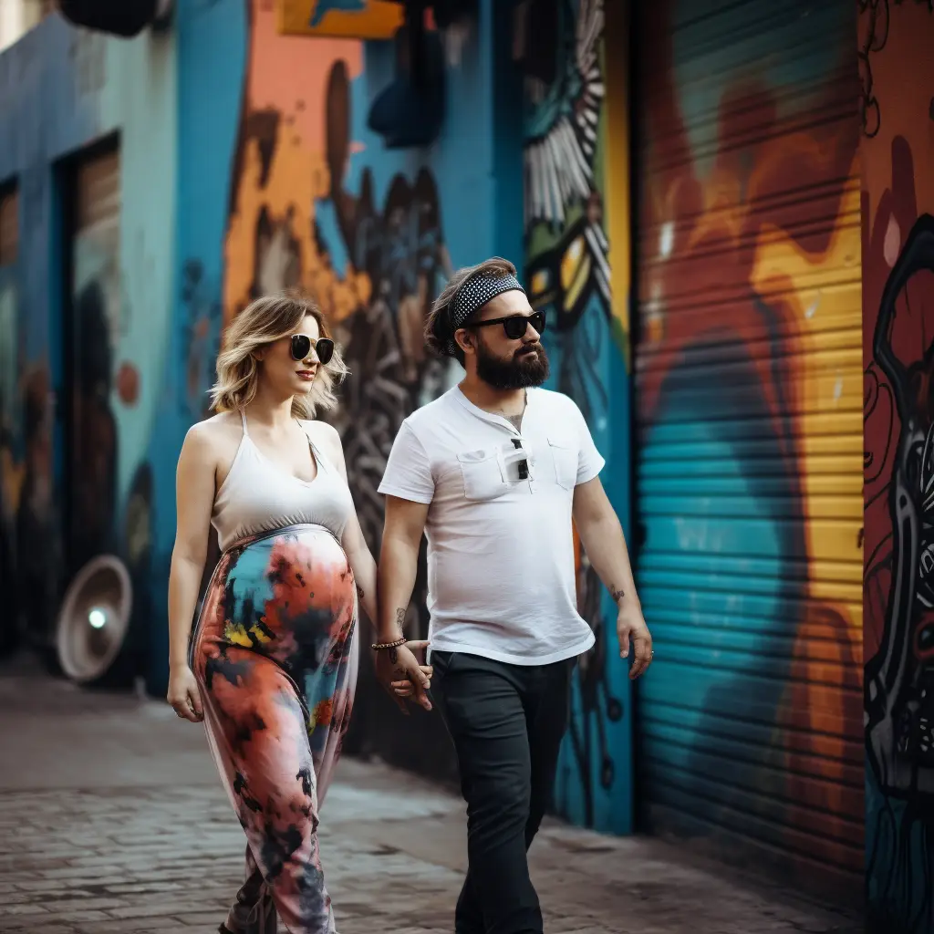 Man en zwangere vrouw lopen hand in hand in kleurrijke straat