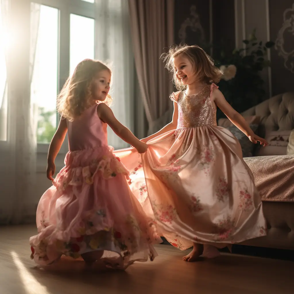 Kinderen spelen verkleed in verkleedkleren als prinsessen