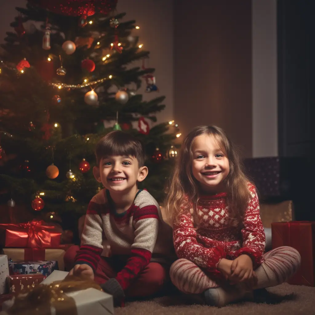 Kinderen voor de kerstboom met cadeautjes
