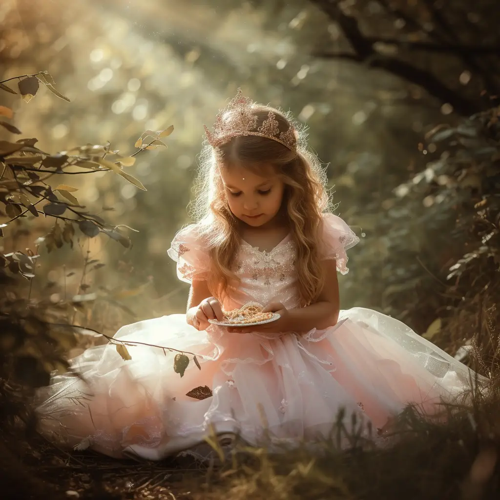 Meisje in prinsessenjurk speelt buiten